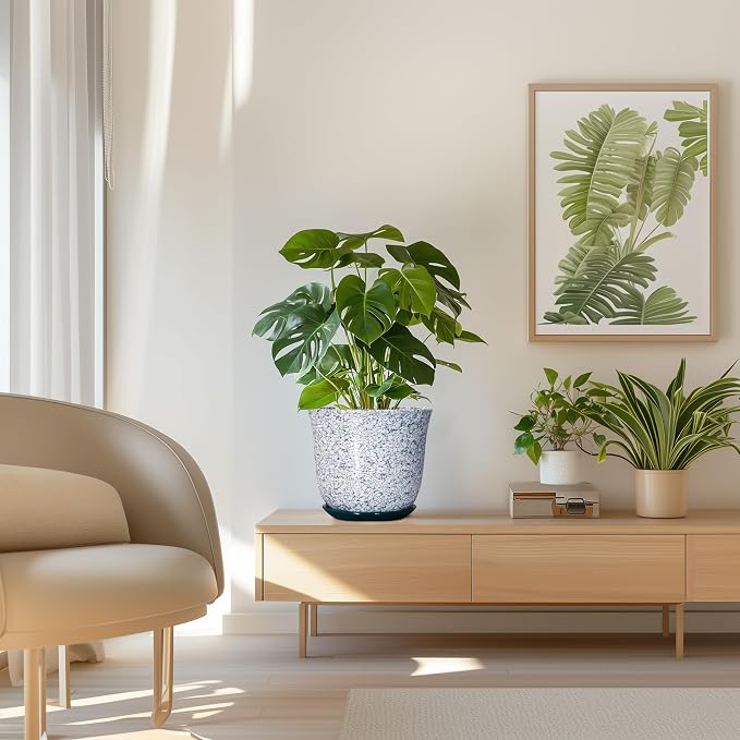 Ceramic Pots for Plants - 8 Inch Plant Pot for Indoor Outdoor, Round Flower Pot with Drainage Hole and Saucer, Decorative Planters, Modern Planter, Patio Decor, House Warming Gift, Green
