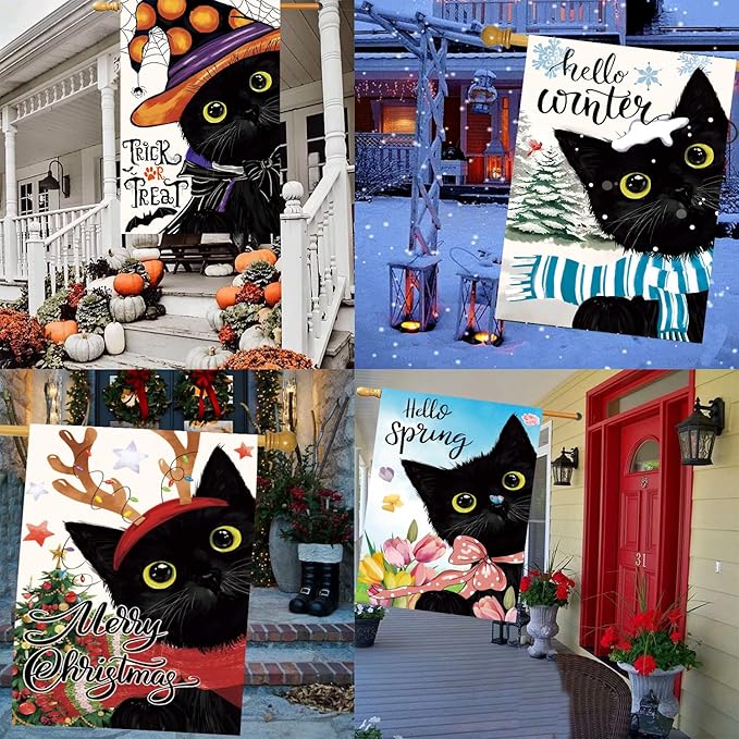 Seasonal Garden Flags Set of 11, Double Sided 28 x 40 Inchs Black Cat House Flags,Large Holiday Flags for Outside All Seasons Decor, Spring Summer Independence Day Easter Outdoor Yard Decorations