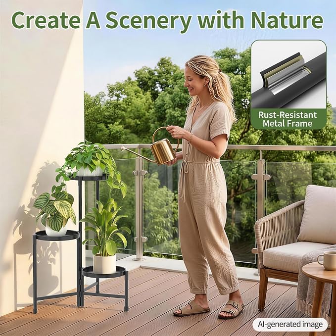 LASZOLA 3 Tier Large Plant Stand Indoor Tall with 10 Inch Metal Tray, Corner Folding Flower Display Rack, Modern Plant Holder Shelf for Outdoor Patio Porch Garden Office Living Room, Black
