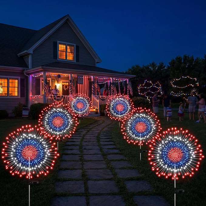 Tujoe 3 Pcs 4th of July Solar Firework Lights Patriotic Solar Light Outdoor Garden 120 LED 8 Modes Waterproof LED Sparkler Light for 250th Anniversary Patio Yard Pathway Walkway (Patriotic Colors)