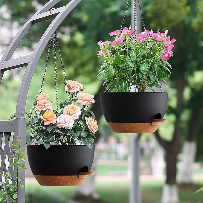 UOUZ Set of 3-10 Inch Self Watering Hanging Planters for Indoor Outdoor,Hanging Plant Pots with Drainage & Removable Tray, Hanging Pots Holder for Ivy, Pothos, Ferns, Balcony & Patio, Black with Brown