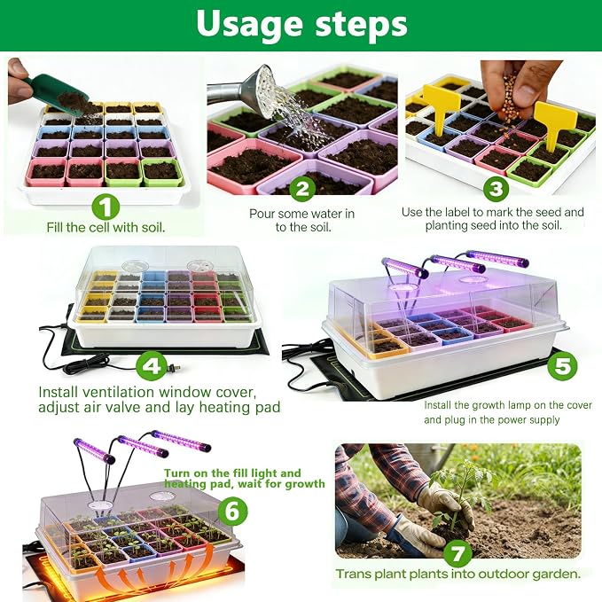 Self-Watering Seed Starter Tray with Grow Light and Heat Mat,Seed Starter Kit,Humidity Domes,Auto Timer,Flexible Brightness Seedling Starter Trays for Indoor Greenhouse Gardening Seed Germinator