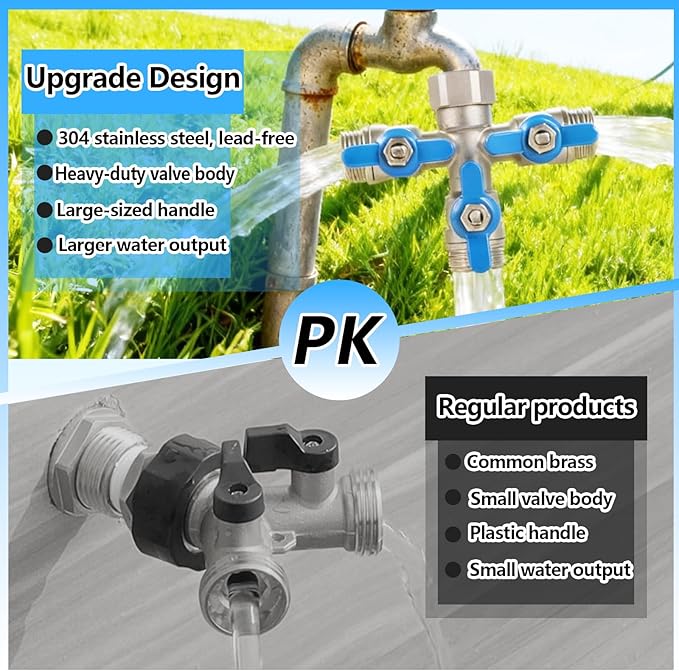 304 Stainless Steel Garden Hose Splitter 3 Way Heavy Duty, Full Flow Hose T Splitter with Long Handle,Lead-free T Valve Water Garden Hose Adapter,3/4" GHT Threads