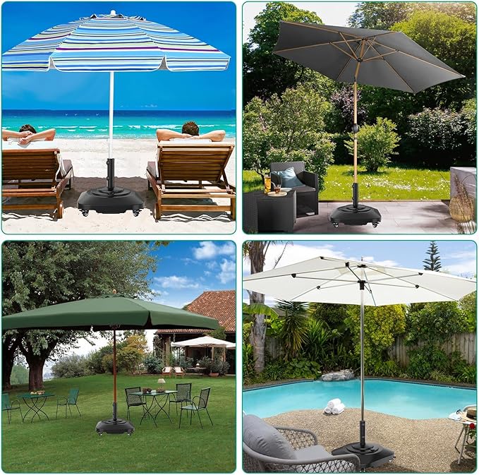 QZER Umbrella Base with 5 Wheels, Upgraded 145lb Umbrella Stand Base, Heavy Duty & Windproof, Fillable Umbrella Base Mobile Umbrella Outdoor for Patio, Deck, Poolside, Lawn, Fits Most Sized Umbrellas