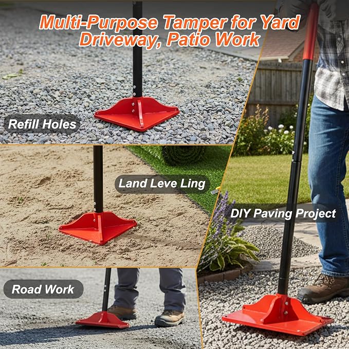 8" x 8" Steel Tamper Tool with 48" Handle, Heavy Duty Hand Compactor for Soil, Gravel, Dirt, Asphalt, Pavers, Driveway Repair, Lawn & Landscaping
