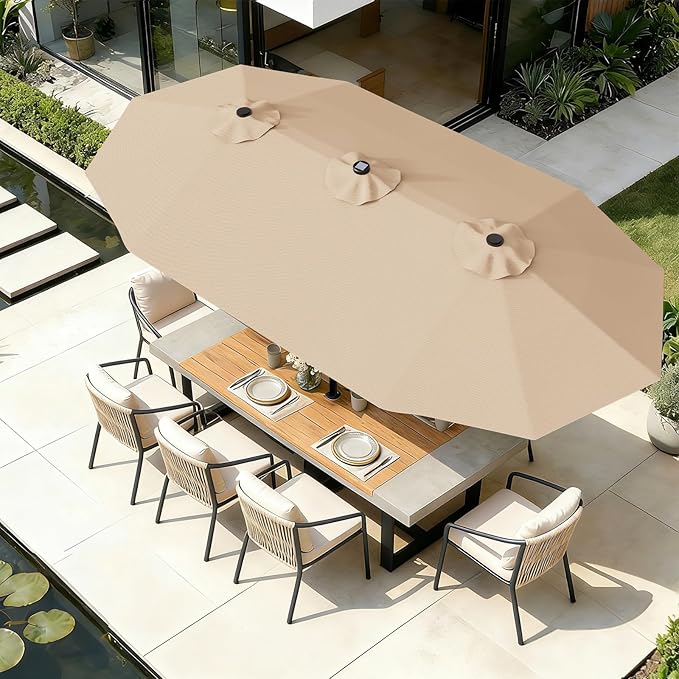 AreShark 15FT Patio Umbrella with Solar Lights, Double Sided Outdoor Table Umbrellas with Crank, Large Rectangular Market Umbrella for Porch, Lawn, Pool, Backyard, Beige