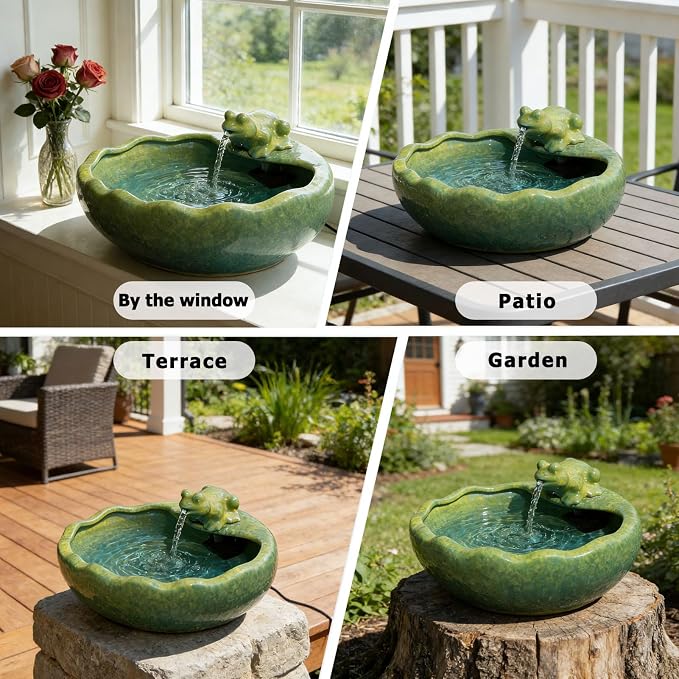Ceramic Solar Water Fountain with Battery Backup, Solar Powered Water Fountain,Outdoor Water Feature Bird Bath for Garden, Patio & Yard Decor,Working at Night for at Least 6 Hours (Frog).