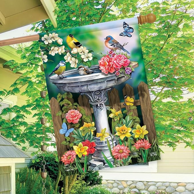 Birdbath in Bloom Spring House Flag 40" x 28" Briarwood Lane
