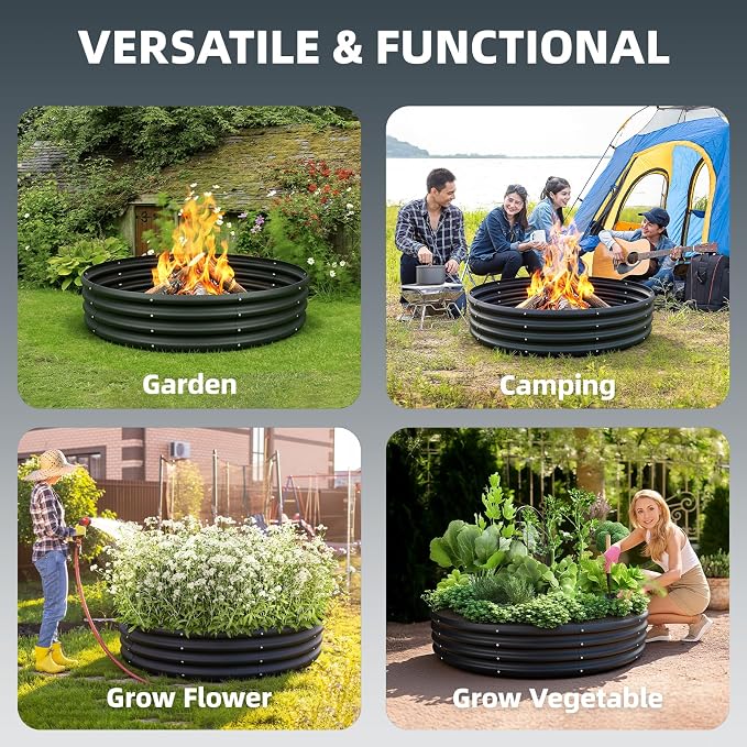 60 Inch Fire Pit Ring for Outside, 5FT Diameter Wood Burning Fire Ring, Large Round Galvanized Steel Fire Pit, Metal Outdoor Fireplace for Backyard, Patio, Camping, Bonfire (Black)