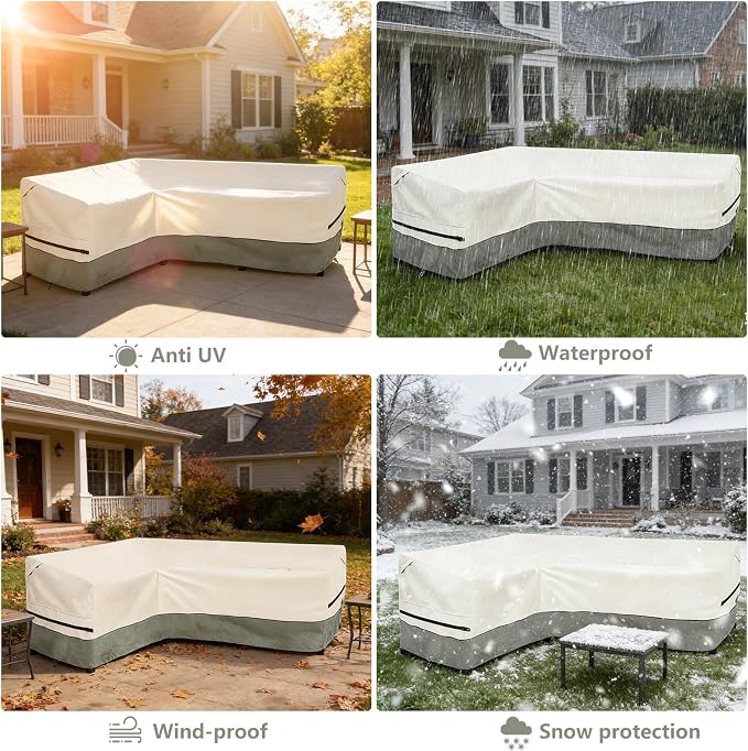 okcool Outdoor Sectional Cover,L-Shaped Patio Furniture Covers for 4-Seater Outdoor Sectional Furniture Couch 58”W (Left Side) x 85”W (Back Length),White&Grayish Green