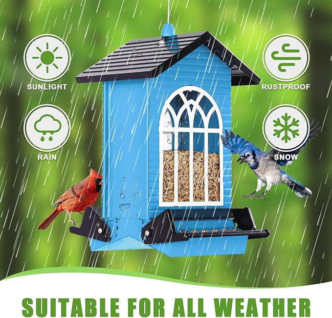 Gbekery Squirrel Proof Bird Feeder for Outdoors,5LB Large Capacity,Metal Wild Bird Seed Feeder with Bilateral Weight-Activated Perches for Outside Hanging,Garden Decoration,Blue