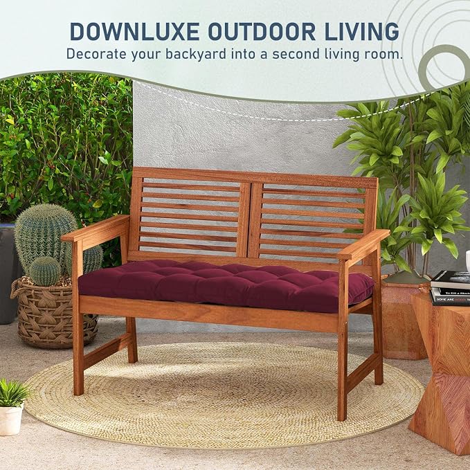 downluxe Outdoor Bench Cushion for Patio Furniture, Water Resistant Tufted Overstuffed Porch Swing Cushions, Thick Outdoor Loveseat Cushions, 48" X 18" X 5", Burgundy, Set of 1