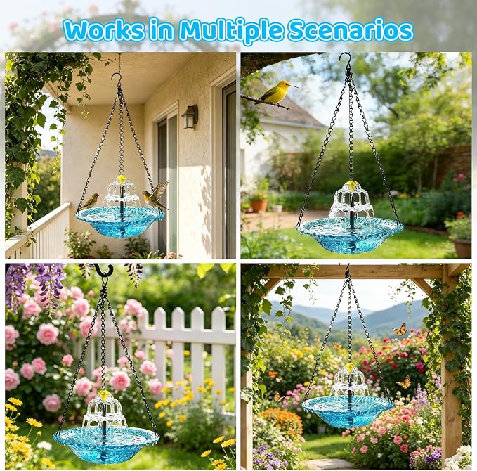Hanging Solar Bird Bath Fountain, 3 Layers Outdoor Cascading Bird Bath with Solar Pump, 3 Nozzles & Blue Glear Bowl, Attracts Wild Birds for Garden, Backyard, Pergola