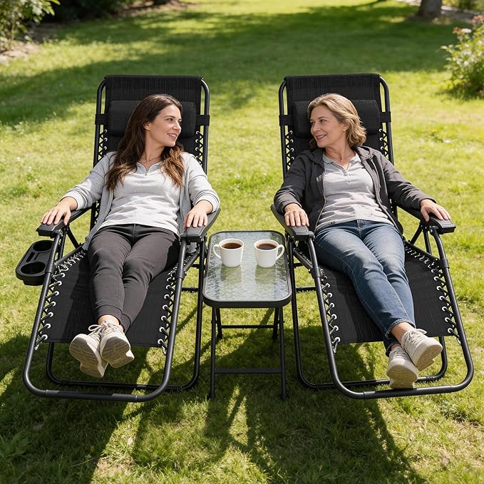 Zero Gravity Chair Set of 4 Oversized Folding Recliner, Padded Anti Gravity Lounge Chair with Adjustable Pillow & Cup Holder for Outdoor Camping, Patio, Poolside, Lawn (Black)