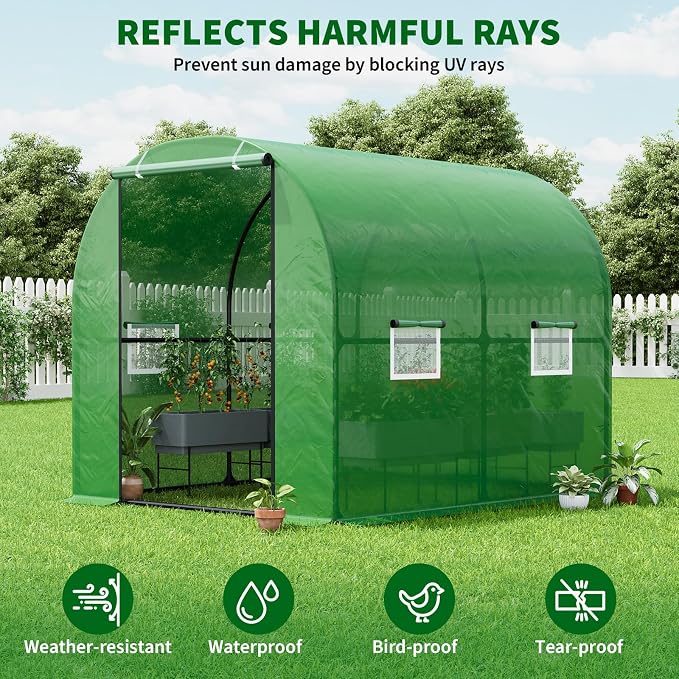 GarveeHome 6.6X8.2x6.6 Tunnel Greenhouses, Heavy Duty Walk-in Greenhouse for Outdoors with PE Cover, Instant Pop-Up Sturdy Metal Frame Hoop House with Zippered Roll-Up Door &4 Ventilated Mesh Windows