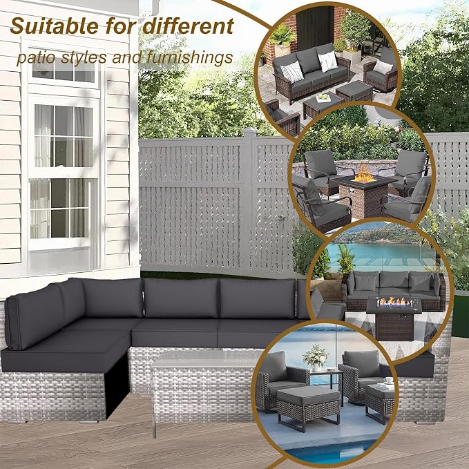 14 Piece Outdoor Patio Cushion Cover Replacement, Waterproof Patio Cushion Covers, Outdoor Furniture Cushion Covers Set for 6 Seat Wicker Rattan Sofa (Deep Grey)