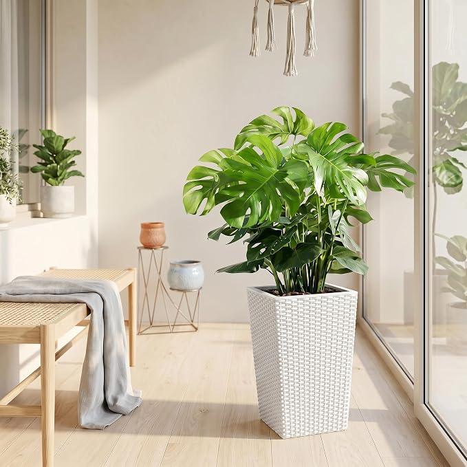 Garvee Set of 2 Tall Rattan Planters, 16 Inch Black Planters for Indoor Outdoor Plants, Flower Pots with Drainage & Water Level Window for Porch, Patio & Balcony