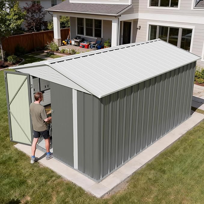 Greesum 8x12FT Outdoor Storage Shed, Utility Tool Shed with Sloping Roof, Metal Storaged Garden Shed with Door & Lock for Patio Storage, Gray