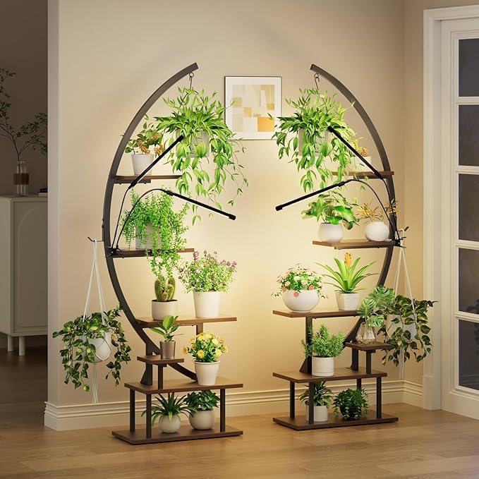 GREENSTELL Plant Stand with Grow Lights, Half Moon 7 Tiered Metal Plant Shelf , Multiple Tier Curved Ladder Flower Pot Stand Display Rack for Indoor Living Room Patio Garden Balcony Dark Brown (1 Pack)