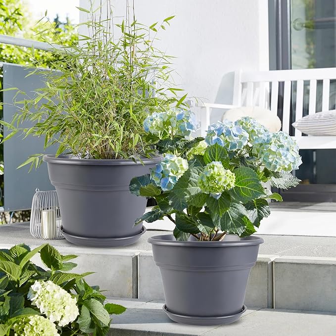 Myfeegoin 10-inch-Plant-Pots-Indoor-Outdoor, 4 Pack Plastic Planters with Drainage Holes & Saucers, Resin Flower Pots with Trays, Classic Garden Pot Container for House