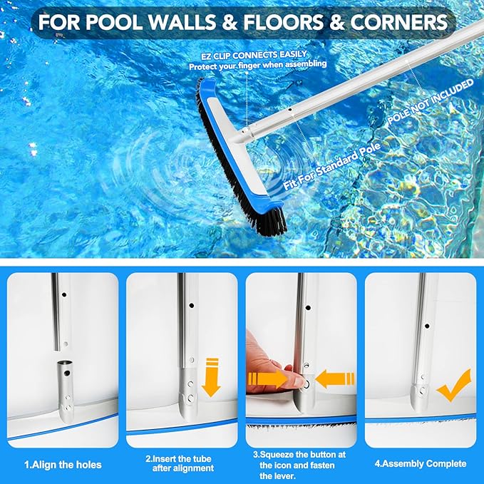 TidyMister Pool Brush 17.5'' Heavy Duty Swimming Pool Brushes for Cleaning Pool Walls & Tiles & Floors & Corners Scrub Brush Head Reinforced Aluminum Back