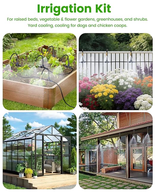 240FT Drip Irrigation System for Garden with 36 Nozzles –360° Adjustable Misting Nozzles, Quick-Connect Design, Ideal for Raised Beds, Lawns, Greenhouses & Outdoor Cooling
