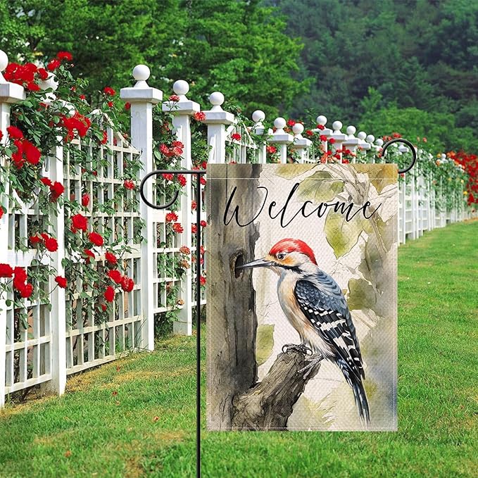 Artofy Welcome Woodpecker Small Decorative Garden Flag, Spring Summer Watercolor Bird Tree Yard Lawn Outside Decor, Seasonal Burlap Outdoor Home Decoration Double Sided 12 x 18