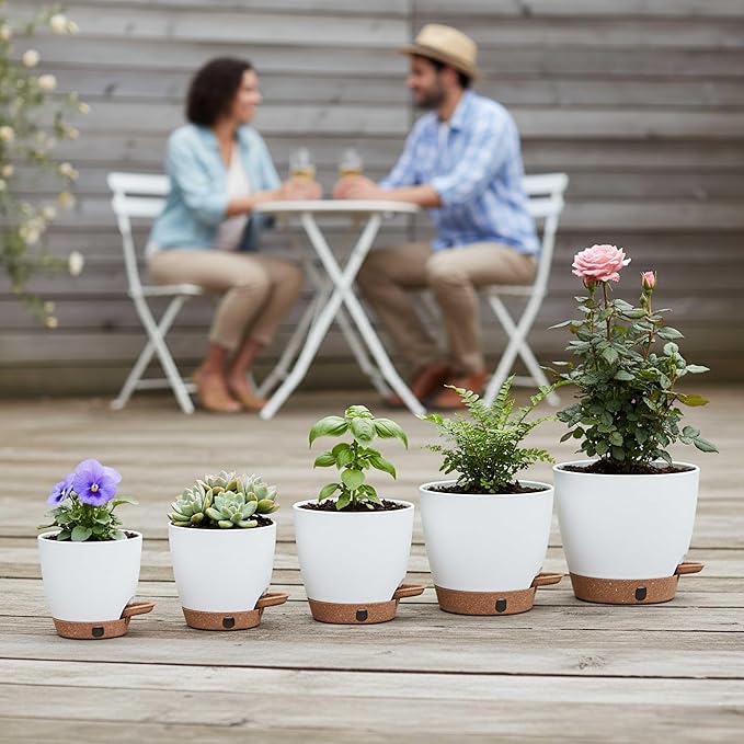 montresor 5-Pack Self-Watering Planters with Wick & Reservoir (5/5.5/6/6.5/7 Inch) – Plastic Indoor Pots with Drainage, Modern White Flower Pot for Violet, Herb