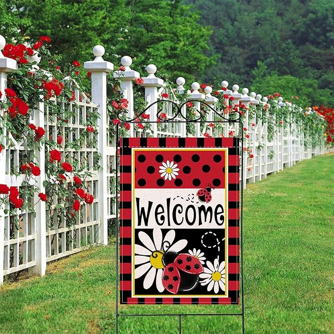 Artofy Welcome Spring Summer Ladybug Daisy Flower Large Decorative House Flag, Red Black Polka Dots Yard Garden Outside Decor, Seasonal Burlap Outdoor Home Decoration Double Sided 28 x 40
