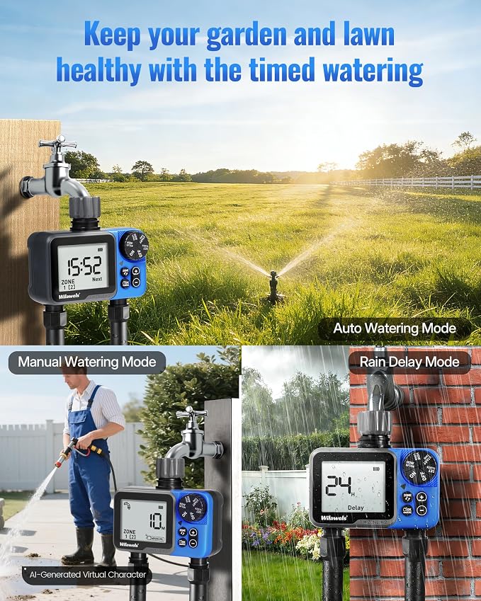 Water Timer for Garden Hose, 2 Zone Sprinkler Timer, Automatic Irrigation System/Rain Delay/Manual Watering, Programmable Watering for Lawn, Yard, Drip Irrigation C12WT06