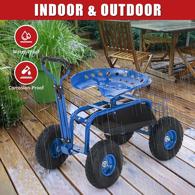 Garden Cart Rolling Workseat with Wheels, 360° Swivel Gardening Stool, Extendable Steering Handle & Utility Tool Tray, 10-Inch Inflatable Tires, Reinforced Steel Construction for Patio, Yard, Outdoor