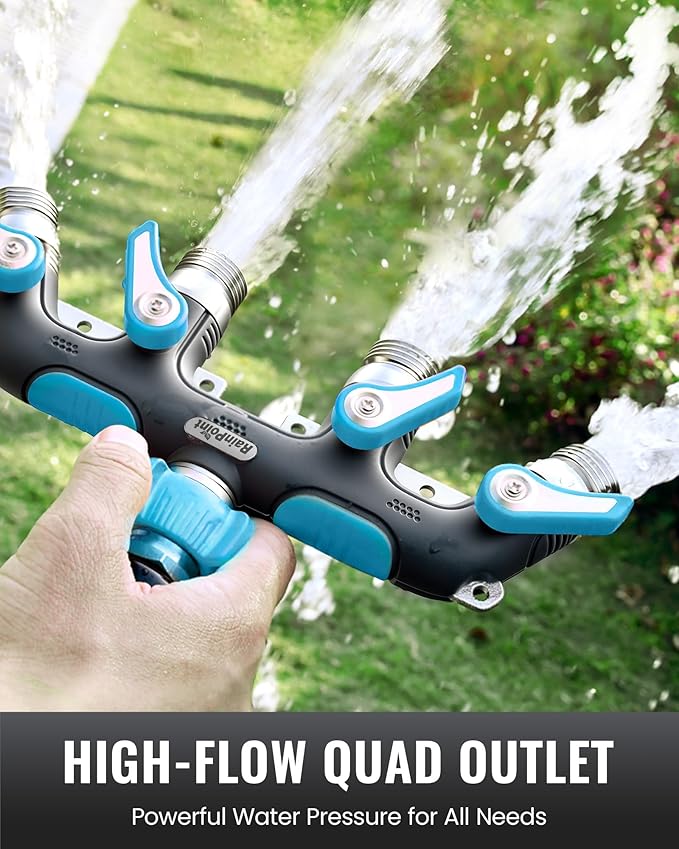 RAINPOINT 4 Way Garden Hose Splitter, 100% Metal Heavy Duty Water Hose Splitter with Individual Shut-Off Valves, 3/4" GHT High Flow Outdoor Faucet Splitter, 1.81" Extra Long Handle (Blue)