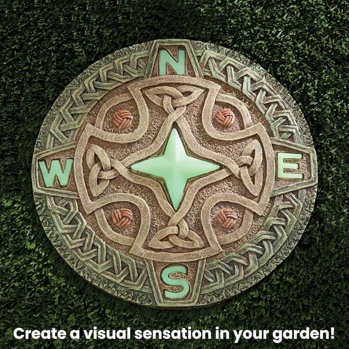 Bits and Pieces - Glow in the Dark Celtic Compass Garden Stone - Irish Garden Decor Yard Art Accent - 10" x 10" Round Durable Polyresin Stepping Pavers for Landscaping and Outdoor Pathways