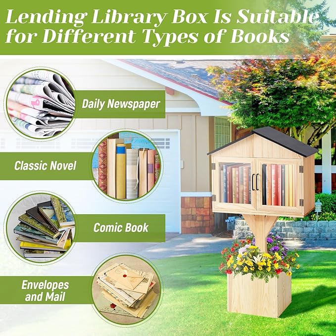 Wonderjune Little Library Box Outdoor Free Library Kit, Durable Weatherproof Solid Wood Book Exchange Box with Floor Plugs and Small Flower Fence for Neighborhoods, Community, Literature, Newspapers