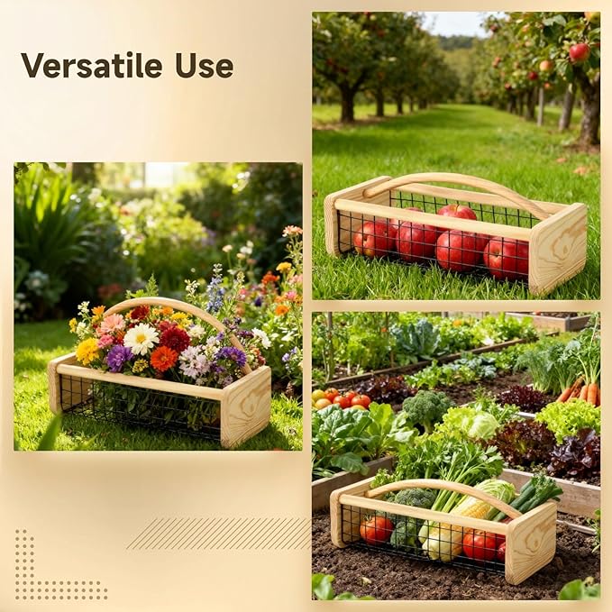 yeesport Metal Wire Garden Hod Harvest Basket with Wood Handle, 16.5 x 7.9 x 4.8 in, Large Capacity Fruit and Vegetable Storage Basket for Kitchen, Pantry, and Garden