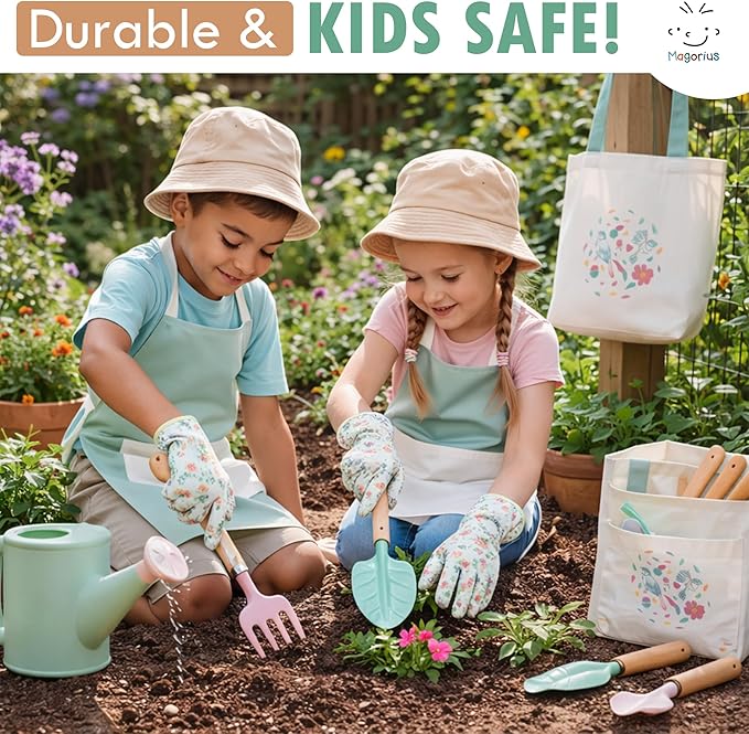 Kids Gardening Tools Set - 9 Piece Real Metal Tools with Sturdy Wood Handles, Includes Washable Apron, Hat, Tote Bag and Watering Can - STEM Outdoor Learning Gift for Boys and Girls.