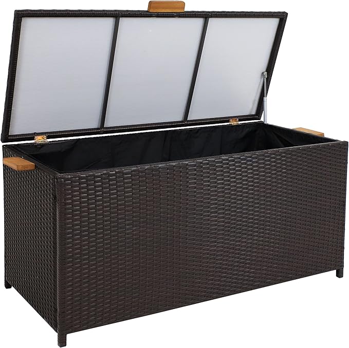 Sunnydaze Faux Wicker Storage Box - Outdoor Deck Box with Handles - 75-Gallon Front Door Package Delivery Box with Hinged Lid - Brown