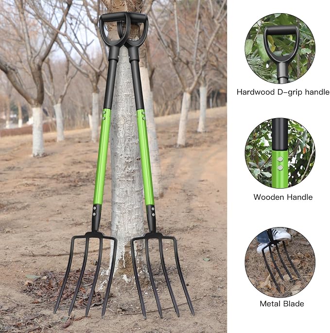 GARDENWORK Garden Fork,45-Inches Pitch Fork with Steel Y-Grip,Heavy Duty Gardening Spading Fork,4 Metal Tine,Compost Fork,Digging Fork