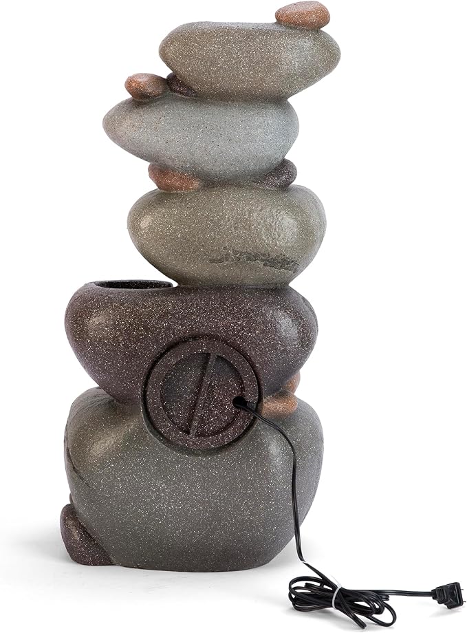 Glitzhome Water Fountain Outdoor, 5-Tiered Stacked Pebbles Outdoor Fountain with LED Lights and Pump, 24.5" H Zen Style Polyresin Waterfall Fountain Water Feature for Garden, Yard, Patio, Porch Decor