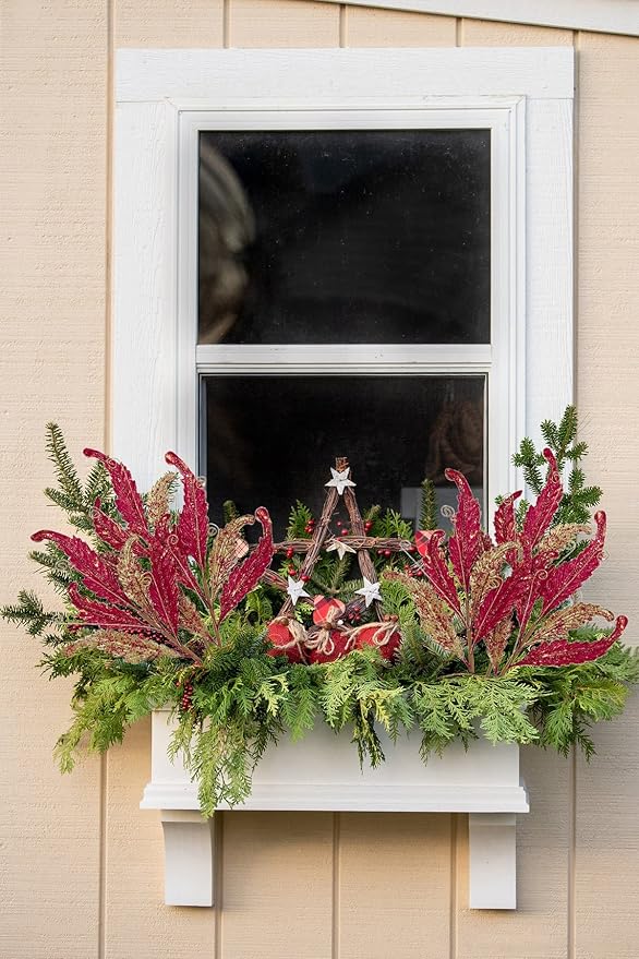 GnFlus 3 Pcs Christmas Glitter Leaves Large 27 Inch Artificial Glittered Leaf Picks and Spray Stems Ornament for Home Wedding DIY Xmas Tree Wreath Garland Floral Arrangement Decor - Red Gold