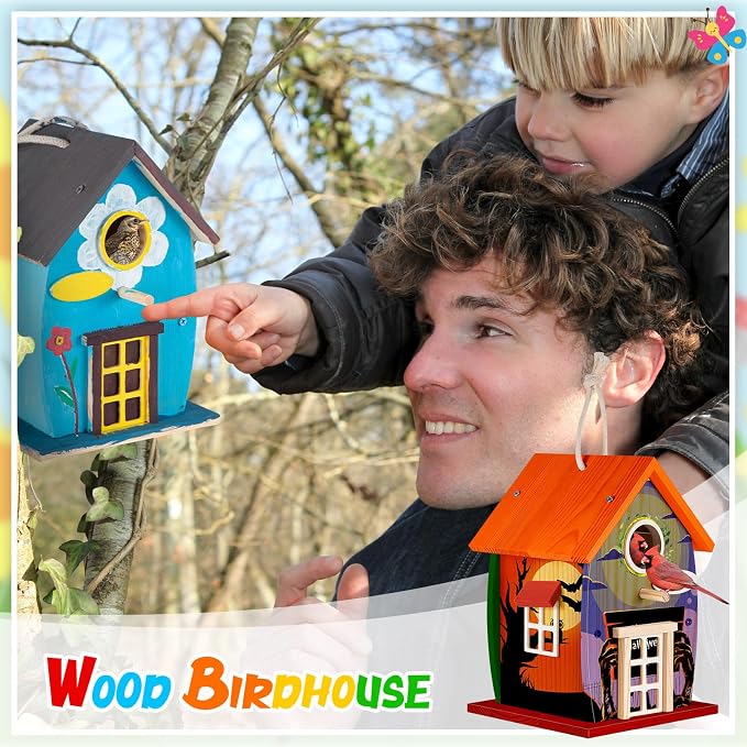 Liliful 4 Pack Wooden Bird House Kits, Build It Yourself Woodworking Kit for Adult Kids 4-8, 8-12 with Paint and Paintbrushes, Solid Weather Proof Natural Pine Wood, Pre Drilled (Rural Style)