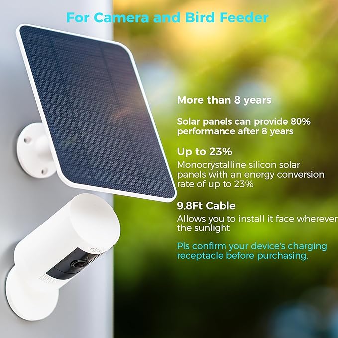 5V Solar Panel for Seucrity Cameres, for Bird Feeder Trail Cam, Ring Tapo Eufy Vicohome Eseecloud, Native USB-C, Micro-USB & DC 3.5mm*1.35mm 9.8 Ft Cable 23% Energy Conversion 180 Days Care Plan
