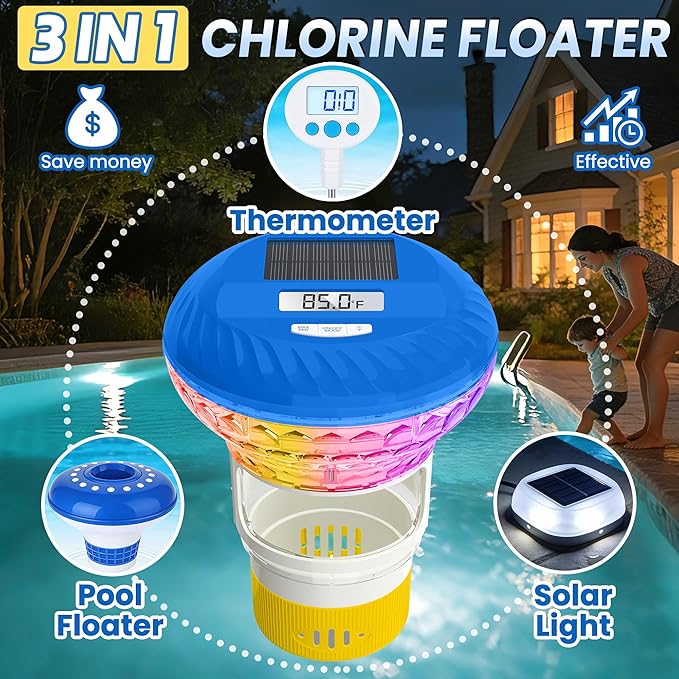 2026 Upgraded Pool Chlorine Floater with Thermometer, Digital Screen Pool Chlorine Floater,Solar Pool Chlorine Floaters with Light, Button Control Floating Chlorine Dispenser for Pool (Yellow)