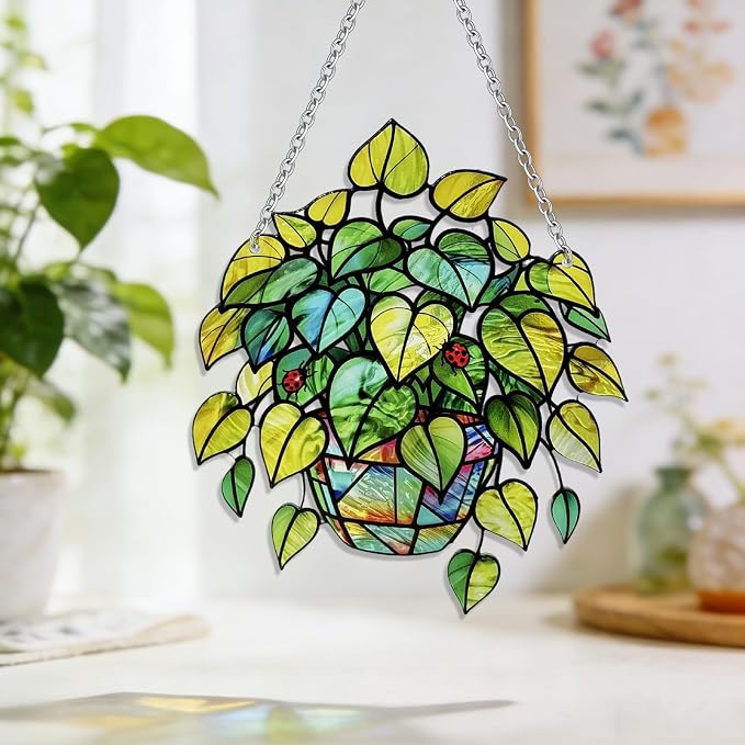 Plant Suncatcher Glass, Stained Glass Suncatcher Plant Window Hanging, Unique Nature Lover Gifts Leaf