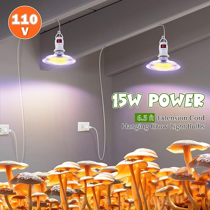 Meonum 2 Pack Hanging Mushroom Grow Light, E27 LED Grow Lamp for Indoor Plants, Decorative 6000K Blue & 5000K White Spectrum, 4.9FT Cord with Switch, Unique Mushroom Plant Light