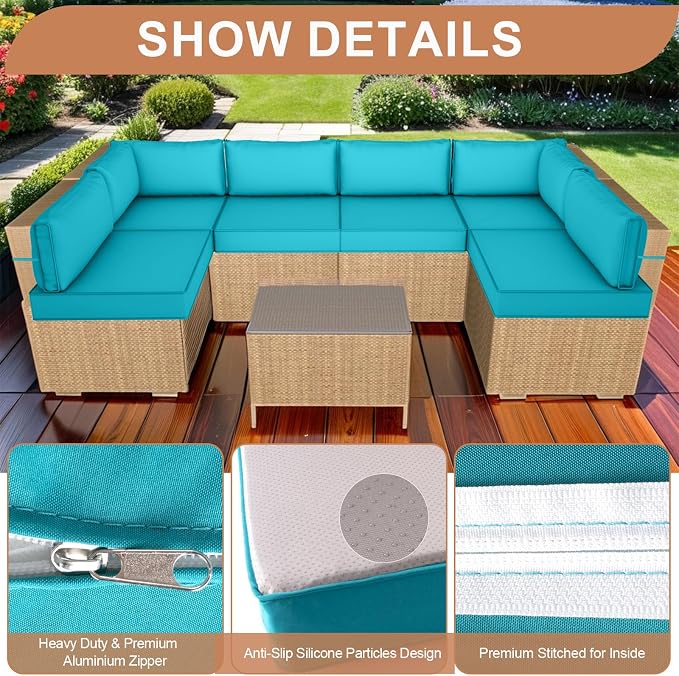 14 Piece Outdoor Furniture Replacement Cushions, Cover+Filling, 25.6" x 25.6" x 4" Foam Waterproof Outdoor Sofa Cushion Sets, Fit Wicker Rattan Sectional Conversation Set, Lake Blue