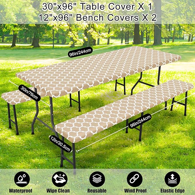 Smiry Picnic Table Cover with Bench Covers, Waterproof Elastic Fitted Tablecloth for 8 Foot Tables, Washable Polyester Tablecloths for Camping, Indoor & Outdoor (Khaki, 30x96 Inch 3-pc Set)