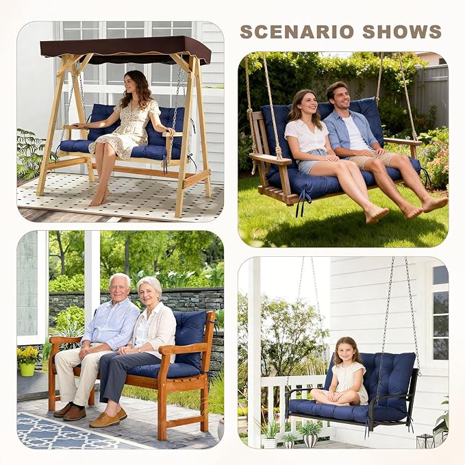 Porch Swing Cushion with Backrest,Waterproof Bench Cushion for Outdoor Furniture,2-3 Seater Replacement Thickened Swing Cushion with Ties,Patio,Outdoor,Backyard and Garden (Navy Blue,60x40)