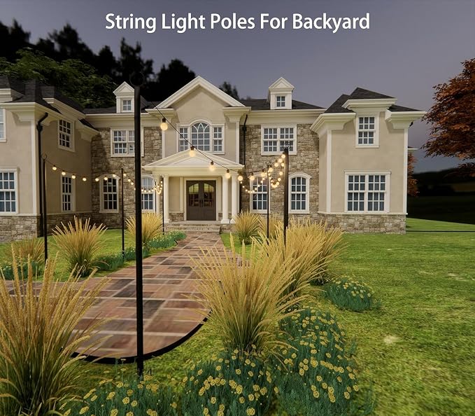4Pack 9FT String Light Poles for Outside,Electrophoresis Design Waterproof and Rustproof,for Outdoor String Lights Garden,Patio,Wedding,Backyard,Deck,Party - Black