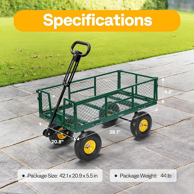 VIVOHOME Garden Cart Steel Heavy Duty 900 LBS Yard and Garden Wagon with 10 inch Tire and Handle Attach to ATV or Tractor Green